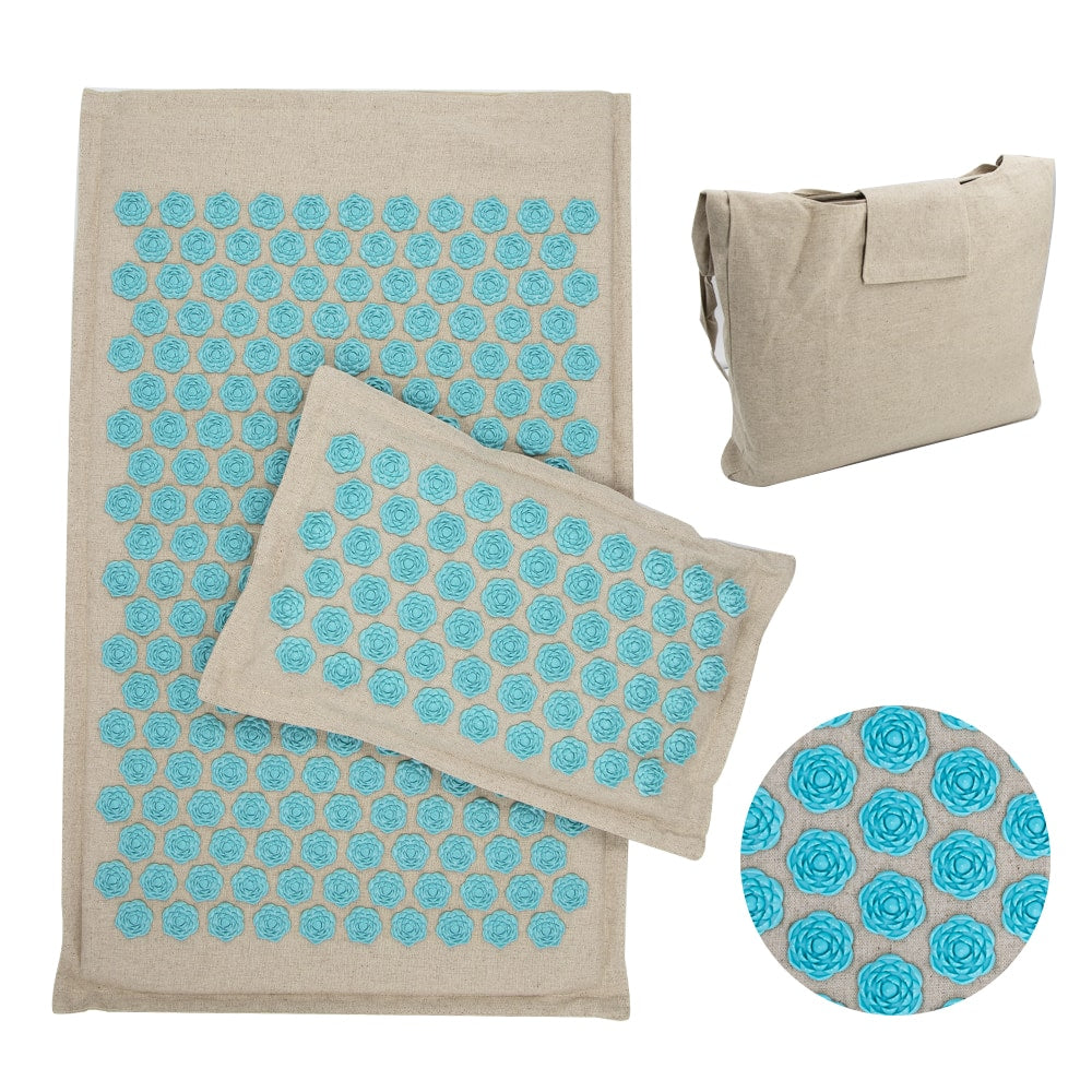 Tapis d'acupression + coussin + sac de rangement éco-naturels Les Fleurs du Lotus™ en couleur Turquoise