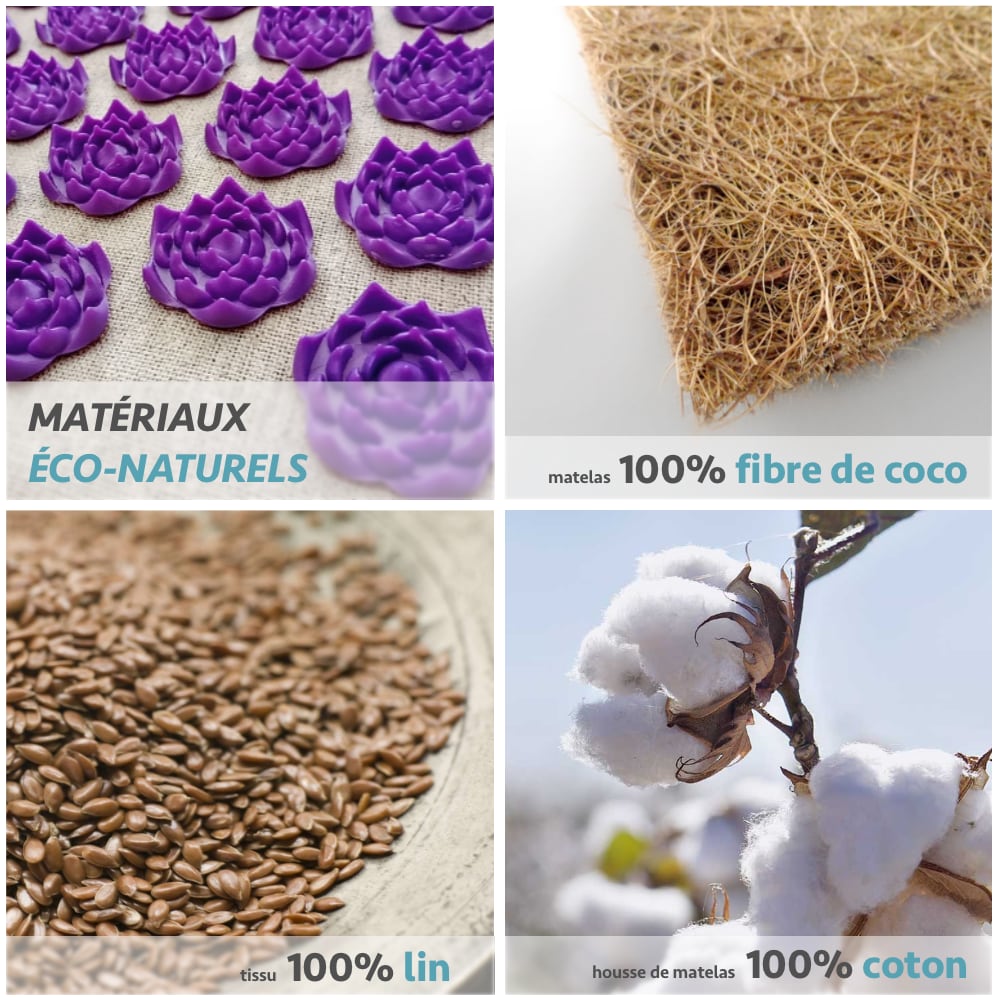 Le tapis d'acupression éco-naturel Les Fleurs du Lotus™ est composé de lin, coton et fibre de coco