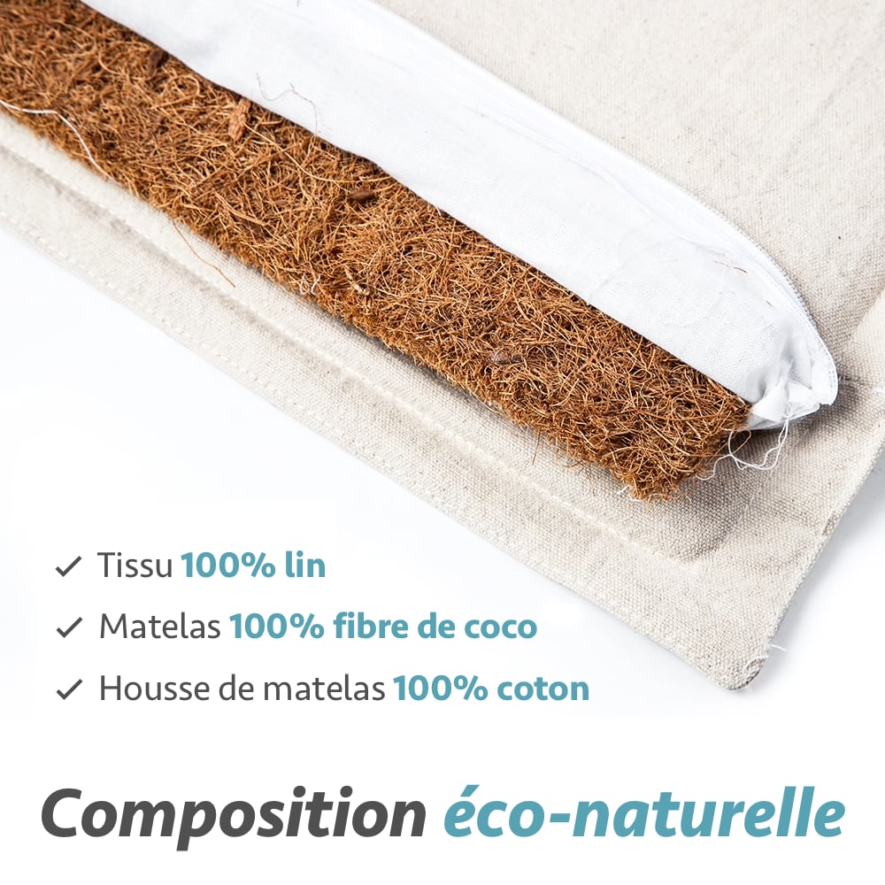Le tapis d'acupression éco-naturel Les Fleurs du Lotus™ est composé de tissu en lin, coton et d'un matelas en fibre de coco